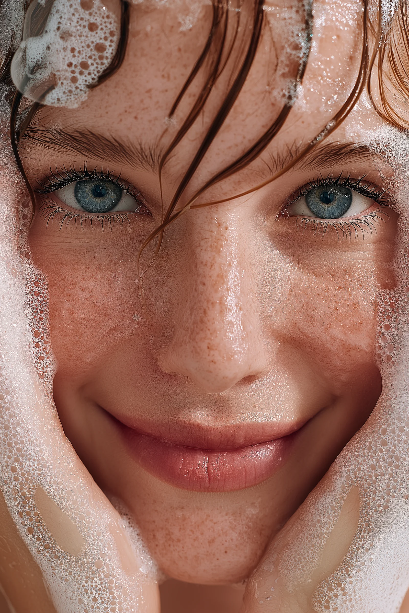 Smiling woman with freckles and cleansing foam on her face