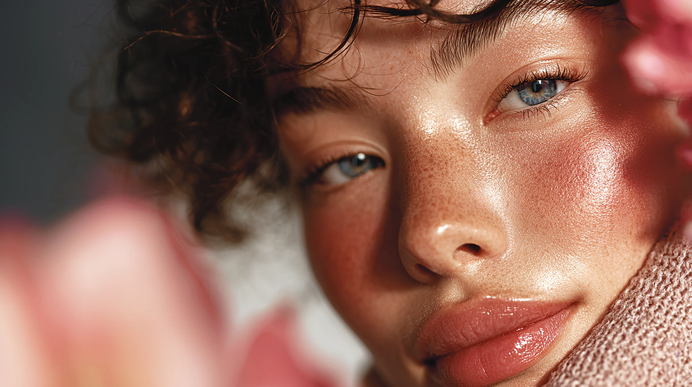 Close-up portrait of a woman with freckled, glowing skin and curly hair