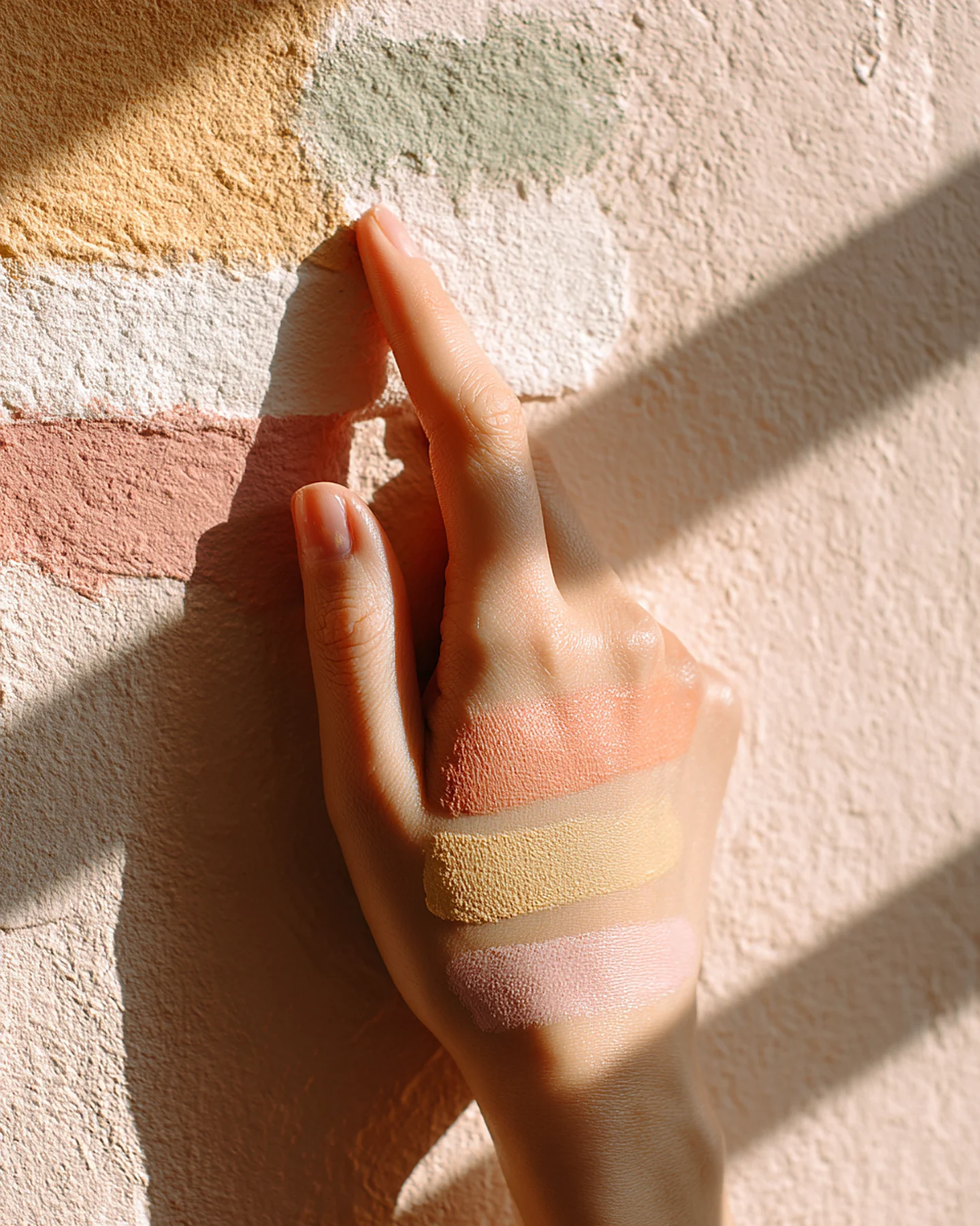 Hand with pastel skincare swatches against a sunlit wall