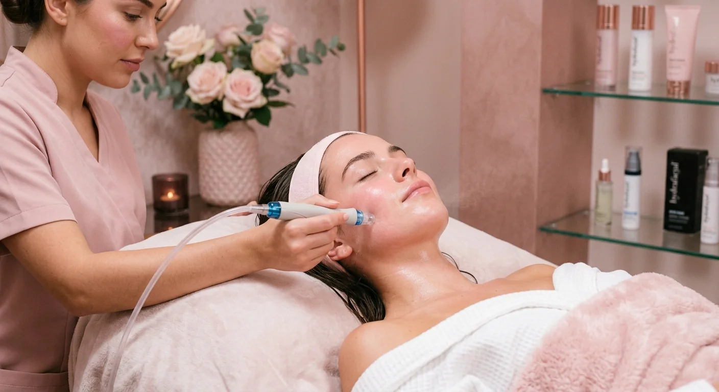 Esthetician giving a client a hydrafacial in a pink treatment room