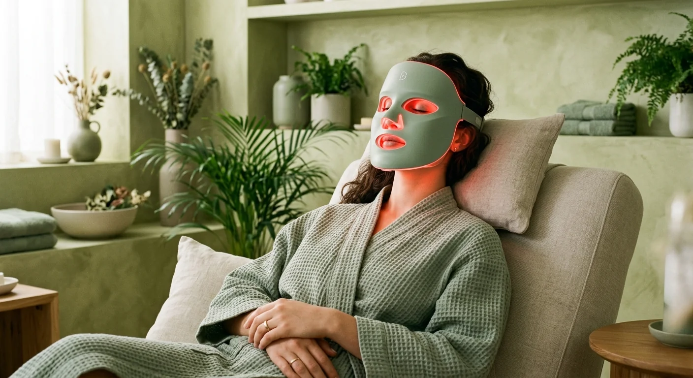 Woman relaxing in a robe wearing a glowing LED therapy mask